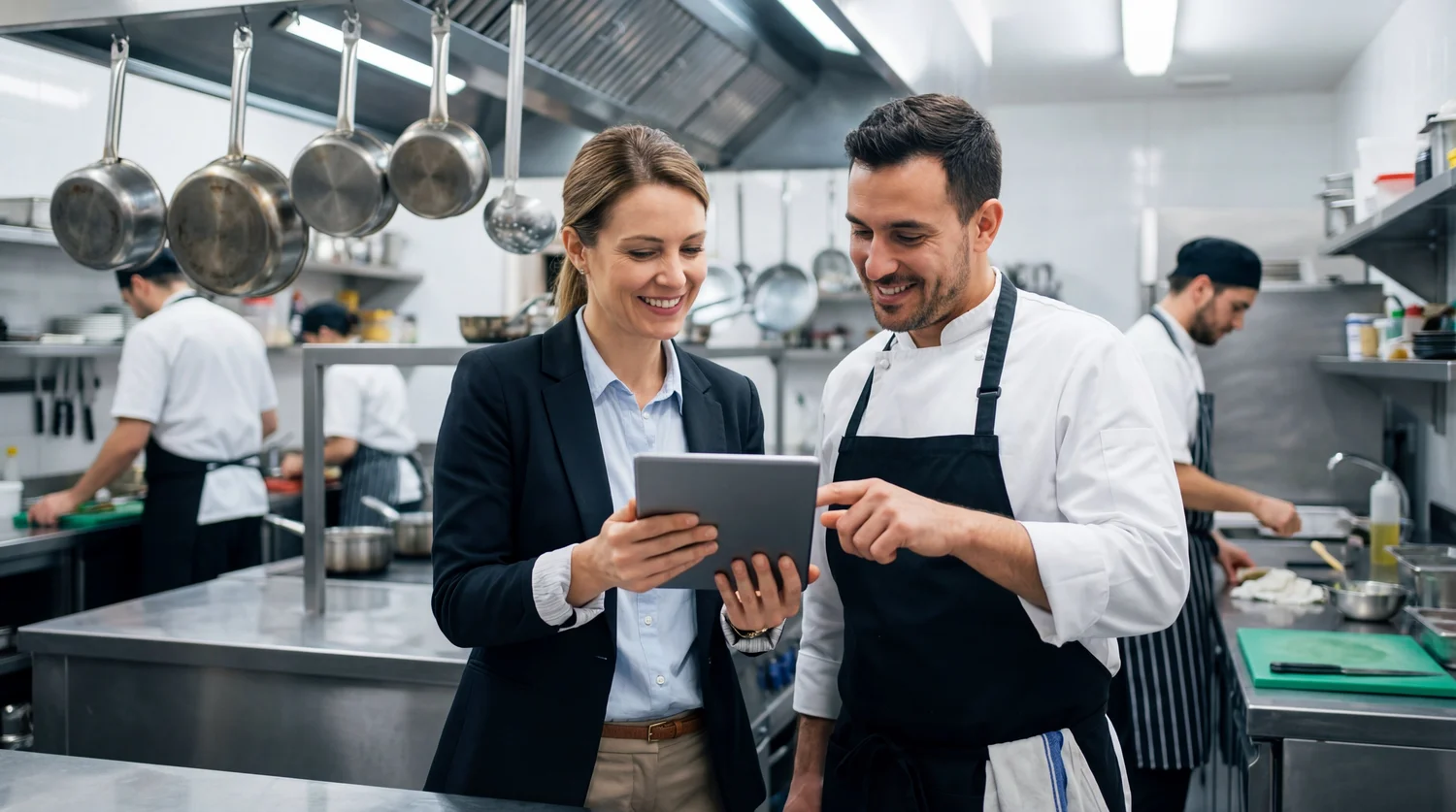 PEG - Wareneinsatz in der Gemeinschaftsverpflegung optimieren Austausch zwischen einer Frau und einem Mann in einer professionellen Großküche, die Frau hält ein Tablet in der Hand