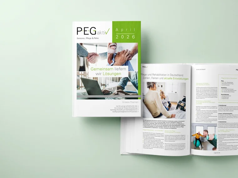 PEG - Unser Magazin PEGaktiv 2026 Mockup der Vorderseite und einer aufgeklappten Doppelseite des Magazins PEGaktiv 2026
