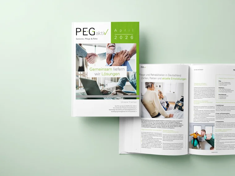 PEG - Unser Magazin PEGaktiv 2026 Mockup der Vorderseite und einer aufgeklappten Doppelseite des Magazins PEGaktiv 2026