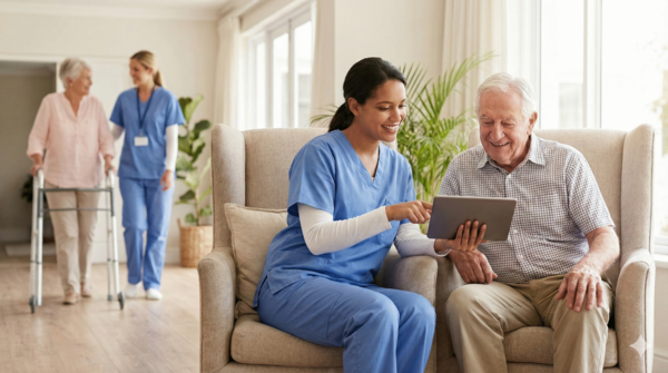 PEG – Digitale Kommunikationslösungen im Pflegealltag Pflegekraft unterstützt einen Bewohner mithilfe einer digitalen Kommunikationslösung in einer Pflegeeinrichtung.