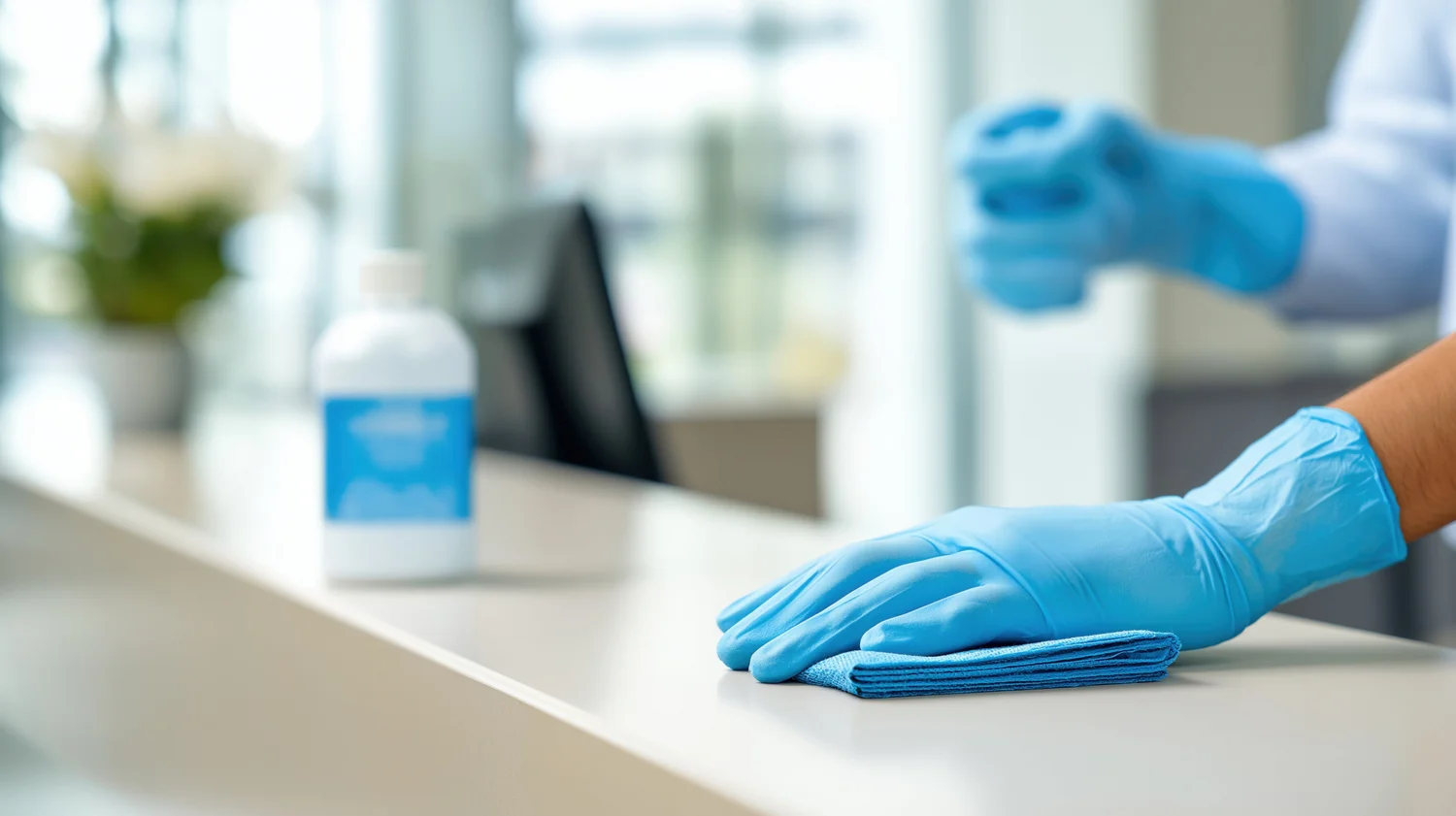 PEG - Gebäudereinigung im Gesundheitswesen Reinigungskraft mit Handschuhen reinigt eine Oberfläche mit einem Tuch