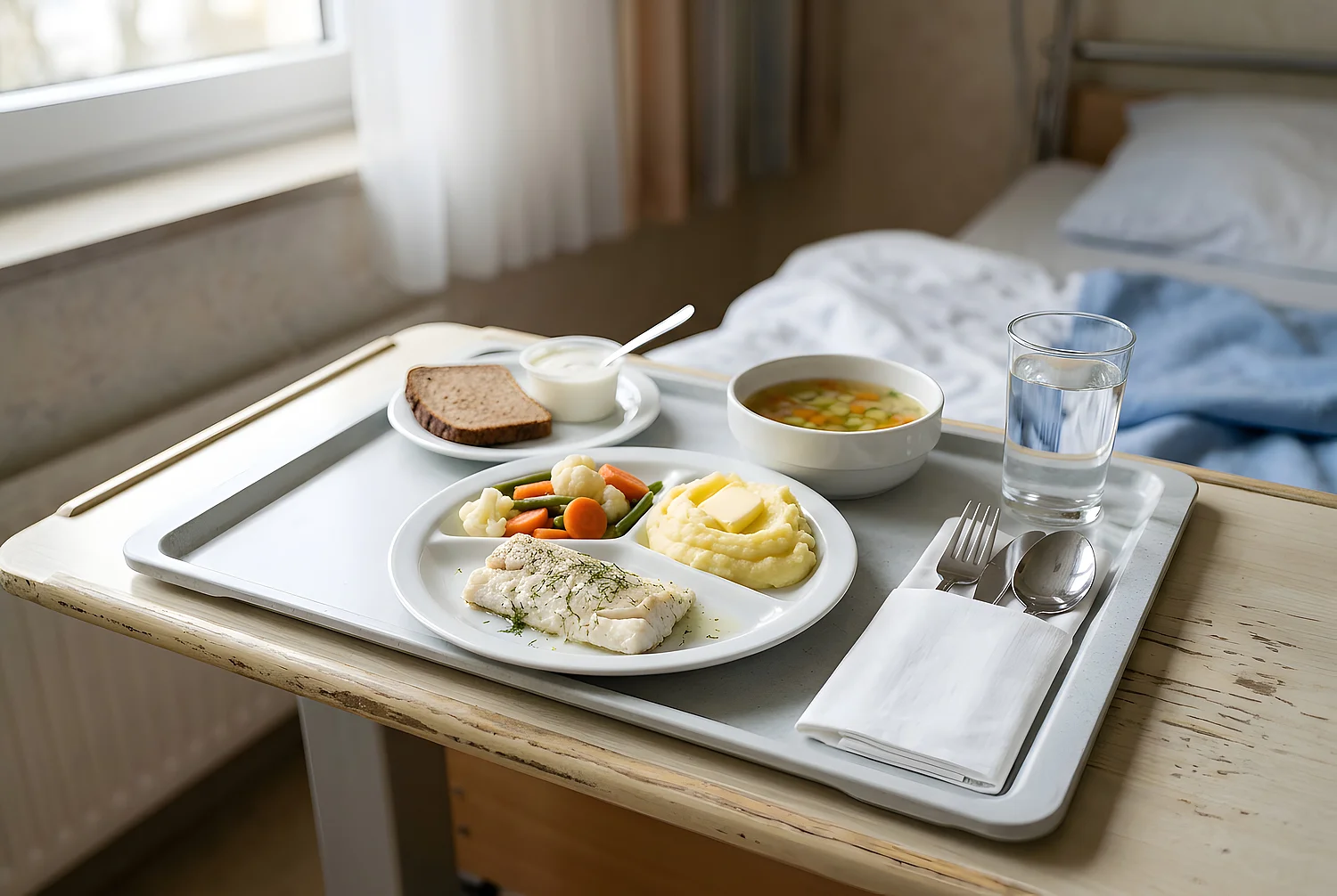 PEG - Patientenverpflegung in der Klinik Servierte Mahlzeit für einen Patienten in einem Klinikzimmer